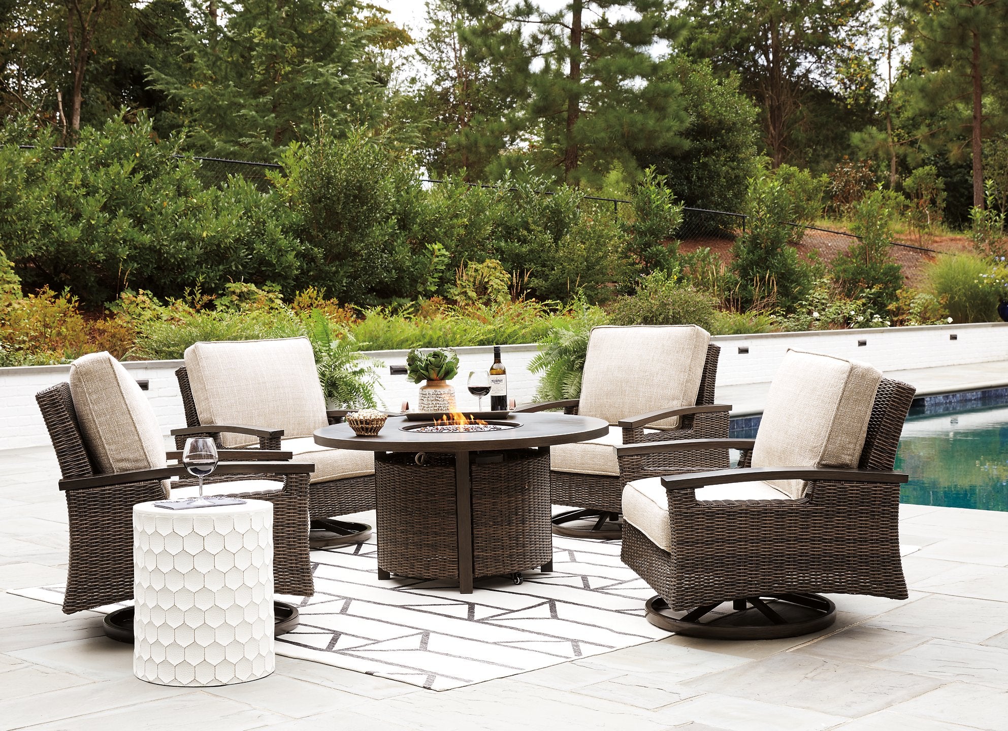 Paradise Trail Paradise Trail Fire Pit Table with 4 Nuvella Swivel Lounge Chairs
